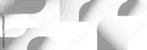 Abstract black and white halftone pattern with gradient dots forming dynamic graphic shapes.
