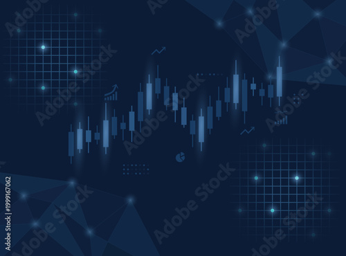 Abstract financial glowing blue candlestick charts, digital grids, and geometric polygonal shapes on a dark navy backdrop