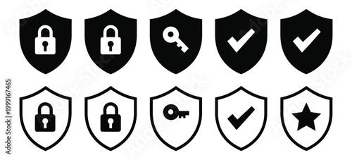 Security shield icon set featuring lock, key, verification and star symbols, cybersecurity protection and privacy concept for apps