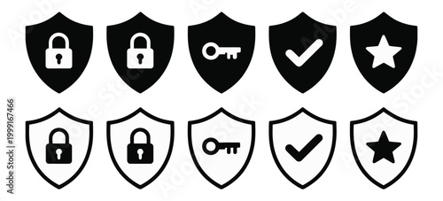 Security shield icon set with lock, key, check mark and star symbols, protection privacy safety app interface vector illustration