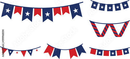 Six Elegant Scalloped and Swag Style Patriotic Decoration Elements in Navy Blue Royal Blue and Rich Red Flat Vector Pack Featuring Scalloped Swags Layered Flags Fan Swags Rectangular Banners and Star 