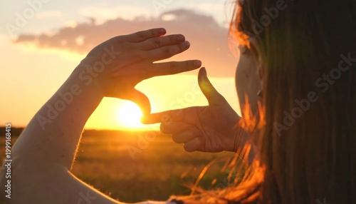 Woman Framing Sunset with Hands - Capturing Golden Hour Beauty.