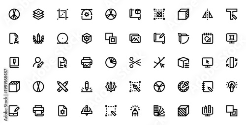 Graphic Design icon set. Vector design tools collection. Includes symbols for layers, crop, vector, sketch, palette, color, creativity and more. Editable stroke.