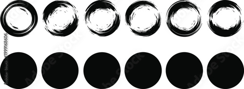 Grunge ink brush circle frames and solid round silhouettes set with hand drawn textured paint borders for abstract logo design and creative graphic elements