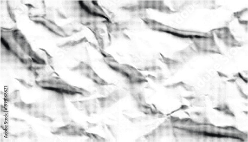Abstract monochrome crumpled paper texture with high contrast folds, suitable for halftone style graphic backgrounds.