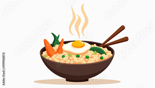 Fried rice with vegetables and fried egg in a bowl with chopsticks  