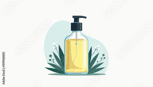 Bottle of massage oil with pump and green leaves in background  
