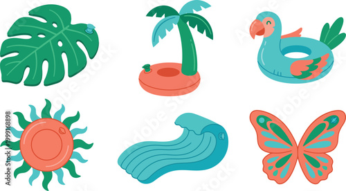 Six Modern Summer Treat and Object Themed Pool Float Icons in Bubblegum Pink Chocolate Brown and Mint Green Flat Vector Pack Featuring Donut Popsicle Cupcake Sunglasses Flip Flop and Pizza Slice Shape