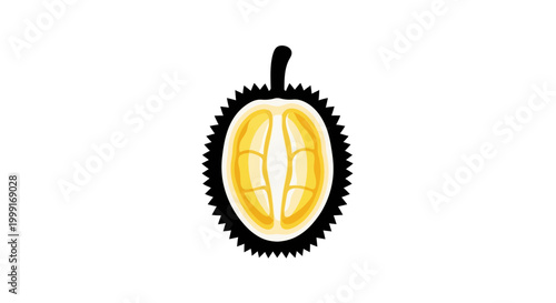 A vibrant vector illustration showcases a halved durian fruit, its creamy yellow flesh contrasting with the spiky, dark rind, presented as a simple yet striking icon against a clean white