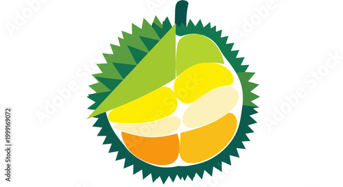 Vector illustration of a sliced Durio fruit character design, showcasing its distinctive segments on a white background, rendered in a flat style with vibrant colors, ideal for a King