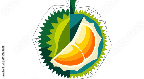 Vibrant vector illustration of the King of Fruits, the durian, presented as a colorful character icon against a clean white background, showcasing its unique flora and spiky design