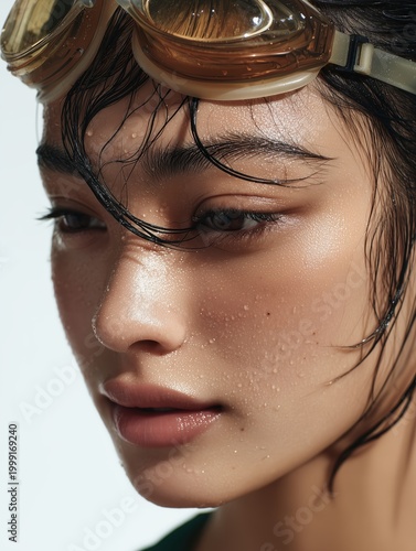 Serene Swimmer: A close-up portrait of a young swimmer, her face radiant with a mix of concentration and tranquility. The photograph captures the soft glow of natural light.