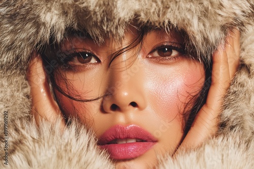 Radiant Beauty in Fur: A close-up portrait of a woman is framed by a luxurious fur, highlighting her captivating eyes, tender features, and alluring charm. A display of elegance, style.
