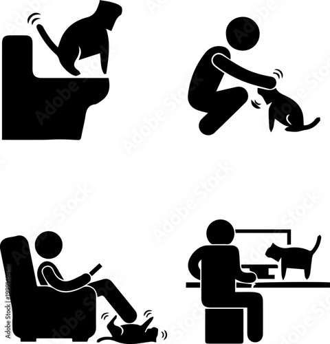 Man Living with Cat Daily Activities and Interaction Stick Figure Icon Set