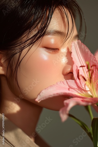 Floral Embrace: A woman's radiant face is gently caressed by a delicate lily, symbolizing beauty and grace, evoking a sense of tranquility and a deep connection to nature.
