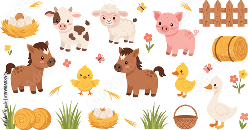 Hand-drawn Baby Farm Animals with Horses, Pigs, Lambs, Ducks, and Chicks for Spring and Rural Illustrations