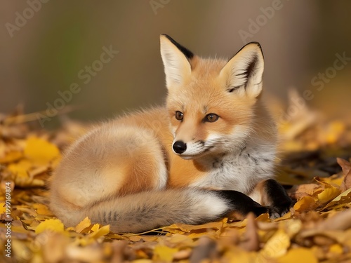 Cute Baby Fox Sleeping on Autumn Leaves