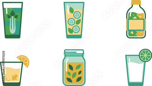 Six Vibrant Frozen Slushy and Carnival Style Treat Icons in Electric Blue Neon Green and Cherry Red Flat Vector Pack Featuring Slushy Cup Shaved Ice Cone Frozen Margarita Rainbow Ice Drink Juice Pouch