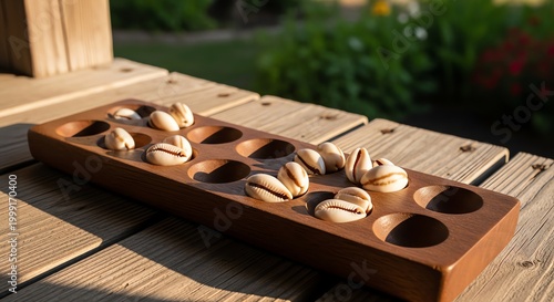 Traditional Mancala board game with scattered cowrie shells sitting on a weathered wooden table in natural afternoon sunlight outdoor setting
