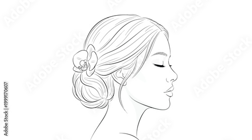 Beautiful woman profile with elegant hairstyle and flower accessory