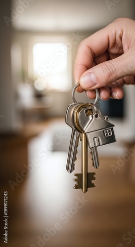 Hand Holding House Keys with Blurred Background, Ownership Concept