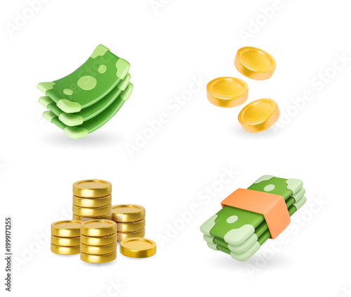 3D money icons set, vector dollar cashbundle, golden coins stack, green bills stack, financial cartoon banknotes. Online payment cashback concept, payment, economy, exchange, financial symbol.