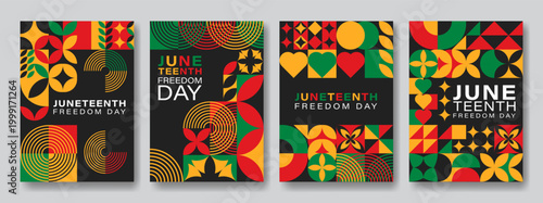 set of modern Juneteenth Freedom Day black history month africa america poster cover designs featuring bold geometric patterns