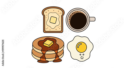 Overhead view of a delicious breakfast spread featuring toast with butter pancakes with syrup and butter a fried egg and a cup of hot coffee on a