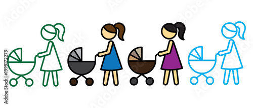 Minimalist green baby stroller icon on white background
