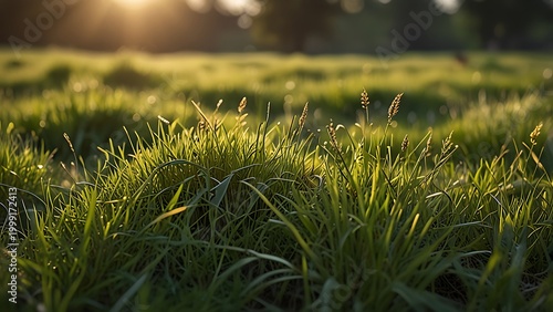 Peaceful grass field close up with soft warm sunlight and shallow depth cinematic composition