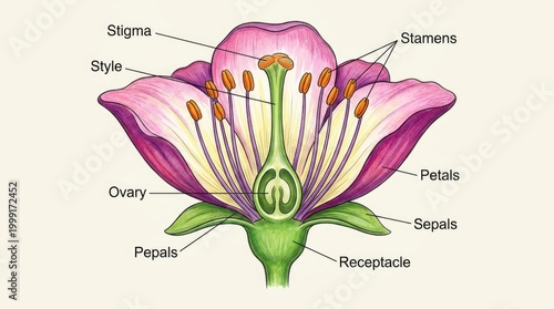 Detailed diagram showing the anatomical structure of a flower with all parts labeled