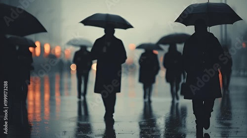 Silhouetted figures walking in the rain with umbrellas on a cloudy day