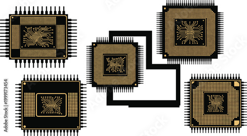 Microchip Processor Network Illustration with Connected CPU Units, Digital Circuit Technology and Data Processing System Concept Design