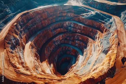 Giant open pit mine shows layers of earth and soil in a large excavation site located in a mining area during the daytime