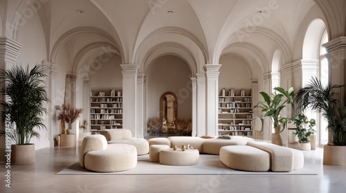 Spacious interior room featuring high vaulted ceilings and contemporary modular seating arrangements