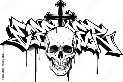 Skull with Graffiti Style Cross and Dripping Paint Illustration for Street Art and Tattoo Designs