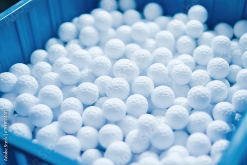 Collection of white golf balls inside a blue container during a sunny day at a golf range in the afternoon