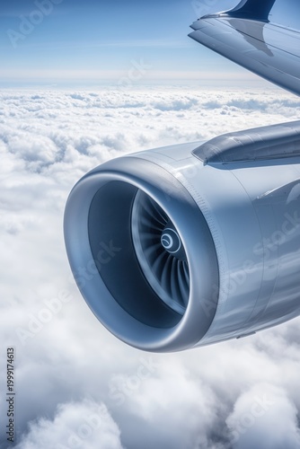Jet engine functions high above the clouds during a flight over the sky on a clear day in the afternoon