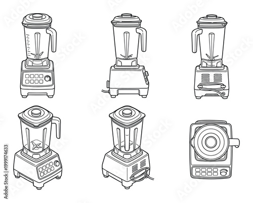 Black and white vector line art illustrations of various kitchen blenders and food processors