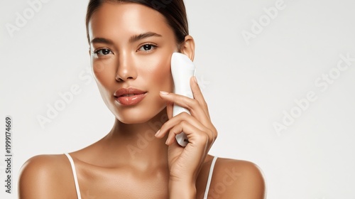 Beauty portrait of young woman using facial device on smooth glowing skin against white background, ideal for skincare advertising and cosmetic product promotions.