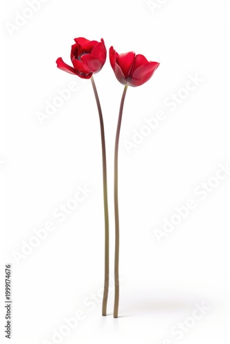 Two red flowers stand upright on a white background in simple display during daylight hours