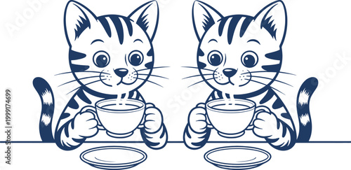 Two cute cartoon tabby cats drinking hot tea from cups