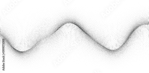Black halftone dots form a wavy curve on a white background creating a stipple effect. up and down stipple art