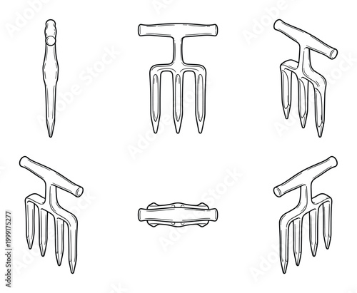 Black line art vector illustrations of various hand gardening tools including cultivators and a dibber.