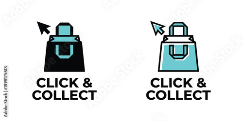 Click and Collect shopping bag icon with mouse cursor in black and turquoise colors.