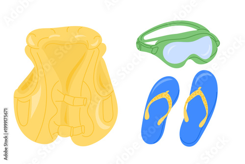Yellow life vest, green swimming goggles, and blue flip-flops arranged on a white background, ideal for summer water activities and beach outings
