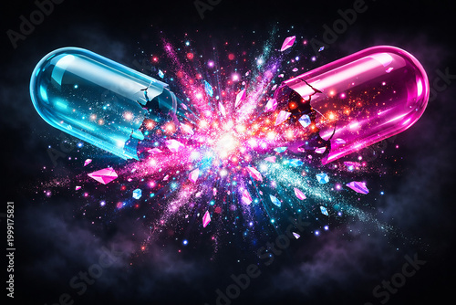 Abstract explosion of a blue and pink pill with glowing particles