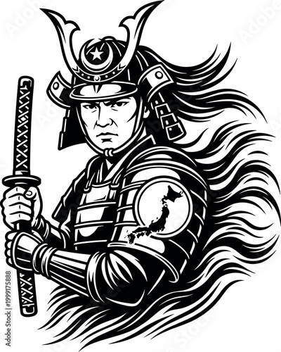 Samurai Warrior with Katana Sword Vector Silhouette Illustration Cricut Ready EPS Graphic Design