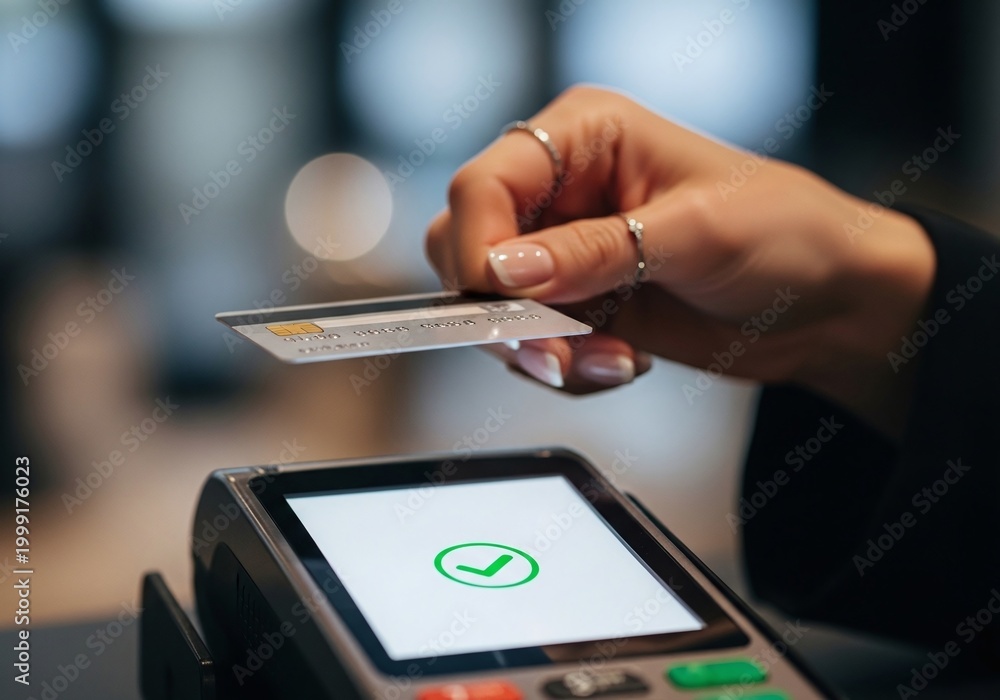 Fototapeta premium Woman Holding Credit Card Above Payment Terminal, Contactless Payment Moment