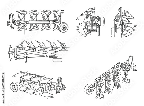 Detailed black line art drawings of a multi-furrow reversible plow shown from various views.